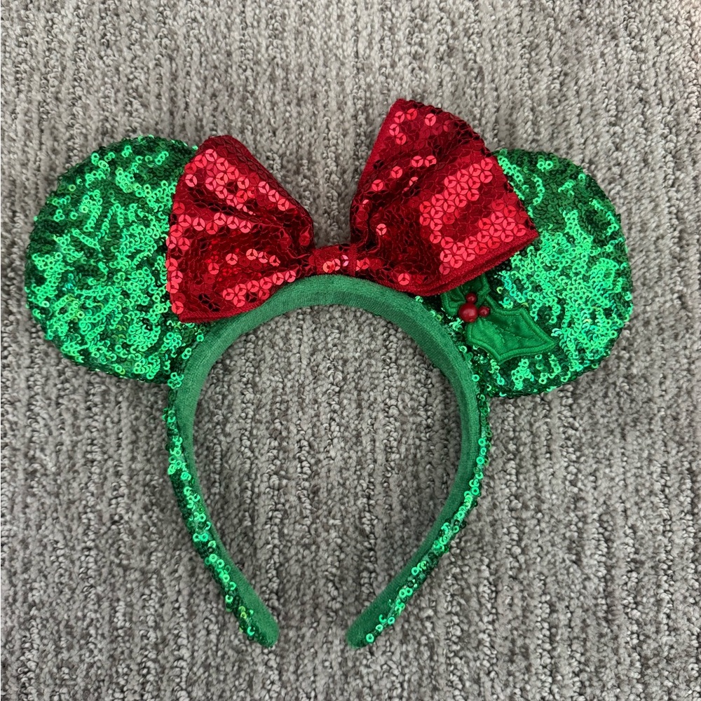 Disney Holiday Green and Red Sequin Mouse Ears Headband